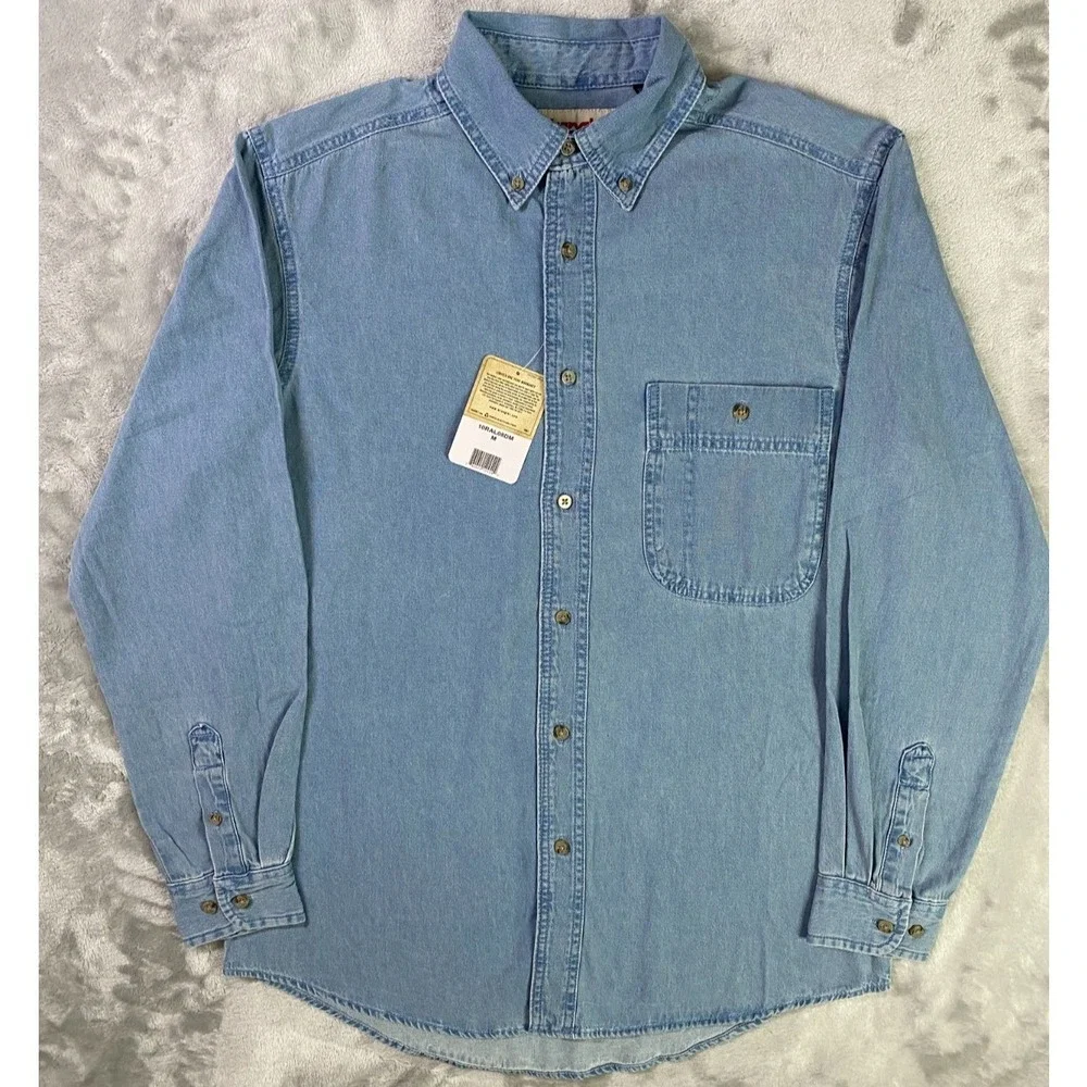 Wrangler Rugged Wear Button Down Men MED‎ Light Wash Blue 10RAL08DM Denim Shirt